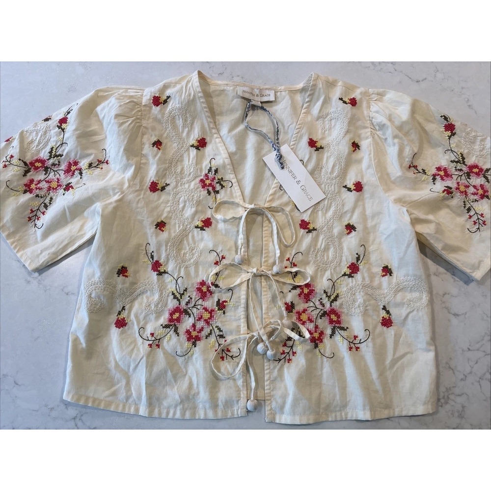Jennifer & Grace Top XS Ecru Floral Embroidered Boho Peplum Peasant Shabby Chic